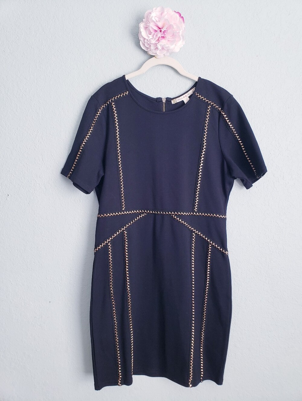 Chelsea & Violet Black Gold Embroidered Illusion Studded Short Sleeve Mini Dress